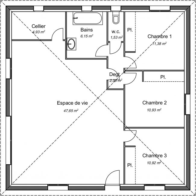 Plan 2D modèle de maison Bonsaï - 95 m² - 3 chambres