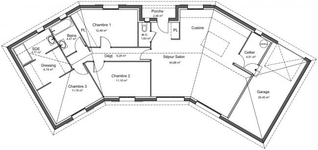 Plan 2D modèle de maison Cèdre - 110 m² - 3 chambres + 2 SDB + Garage