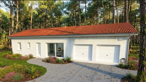Maison contemporaine de 90 m² de plain-pied plus un grand double garage de 50 m² située à proximité des communes de Biscarrosse et Sanguinet accès rapide à l’autoroute la gare est sur place (40160)