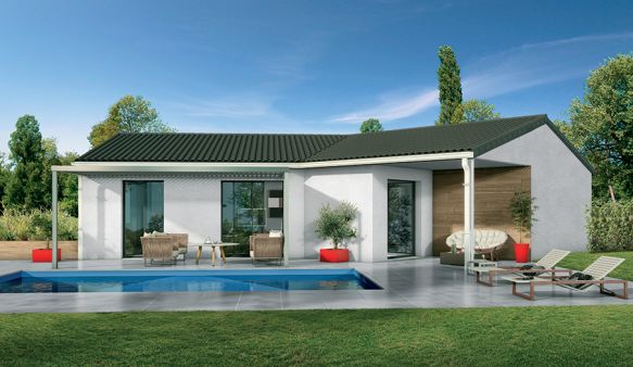 Projet de construction maison individuelle plain pied RE2020 85m2 3 chambres un garage et terrasse couverte à Créon (33670)