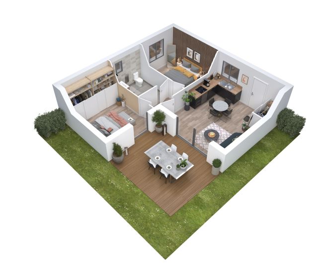 Cocoon 5 - Plan axonometrique - Petite maison 50 m² - 2 chambres - Terrasse - Demeures d'Aquitaine