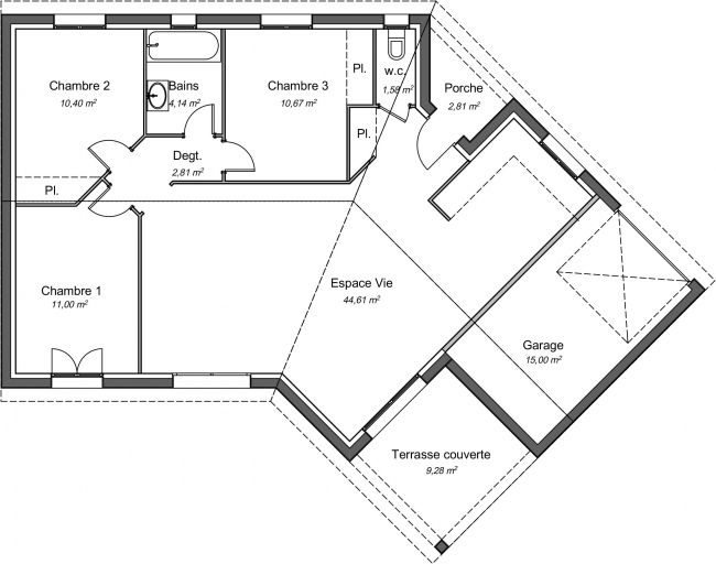 Plan 2D modèle de maison Ébène - 85 m² - 3 chambres + garage