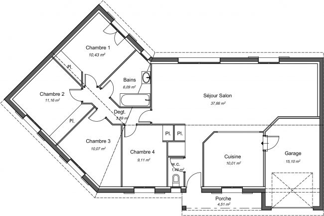 Plan 2D maison en V Ébène 99 m² - 4 chambres + garage