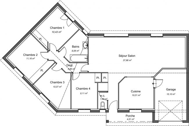 Plan 2D modèle de maison Ébène - 99 m² - 4 chambres + garage