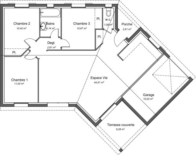 Plan 2D maison Ébène 85 m² - 3 chambres + garage