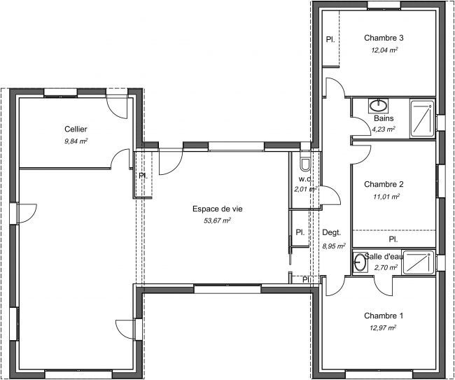 Plan 2D modèle de maison Hévéa - 117 m² - 3 chambres - 2 sdb