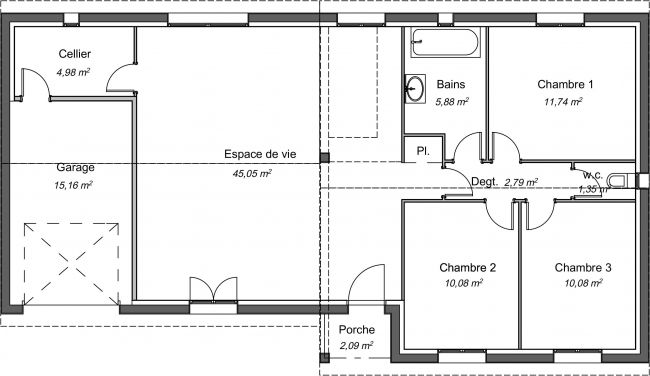 plan 2D modele de maison Lilas - 92 m² - 3 chambres + garage
