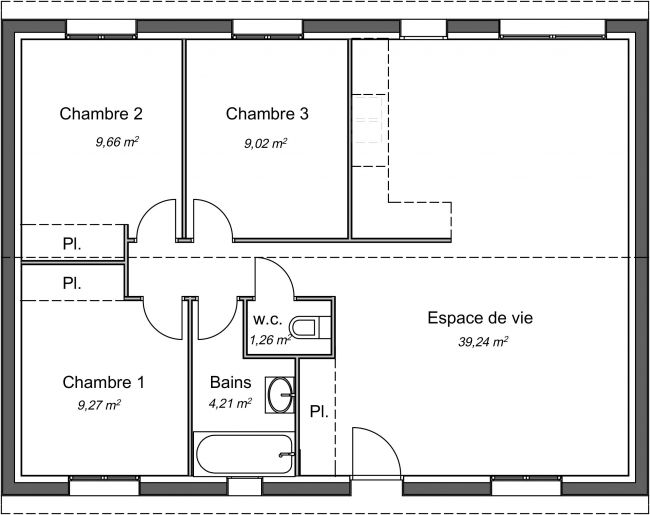 Plan 2D modèle de maison contemporaine - 72 m² - 3 chambres