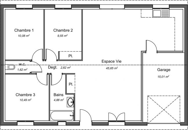 Plan 2D modèle de maison Magnolia - 85 m² - 3 chambres + garage