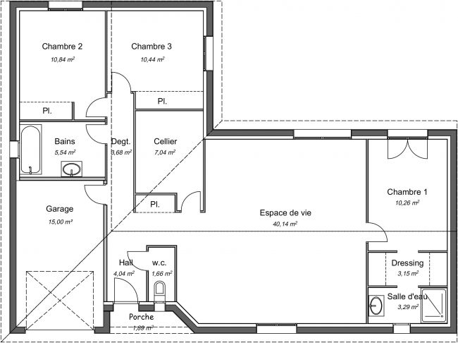 Plan 2D modèle de maison Mélèze - 85 m² - 3 chambres + 2 sdb + garage