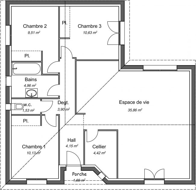 Plan 2D modèle de maison Mélèze - 85 m² - 3 chambres