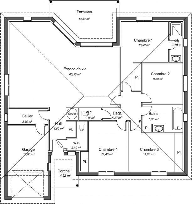 plan 2D modele de maison Orme - 112 m² - 4 chambres + 2 SDB + Garage