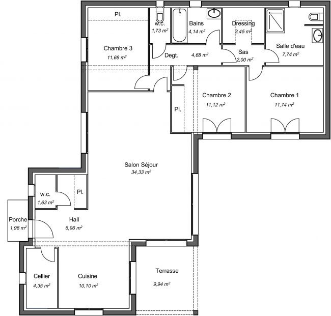 Plan 2D modèle de maison Seringat - 115 m² - 3 chambres - 2 sdb